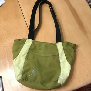 Overland Equipment shoulder bag.  Two toned green canvas with black strap